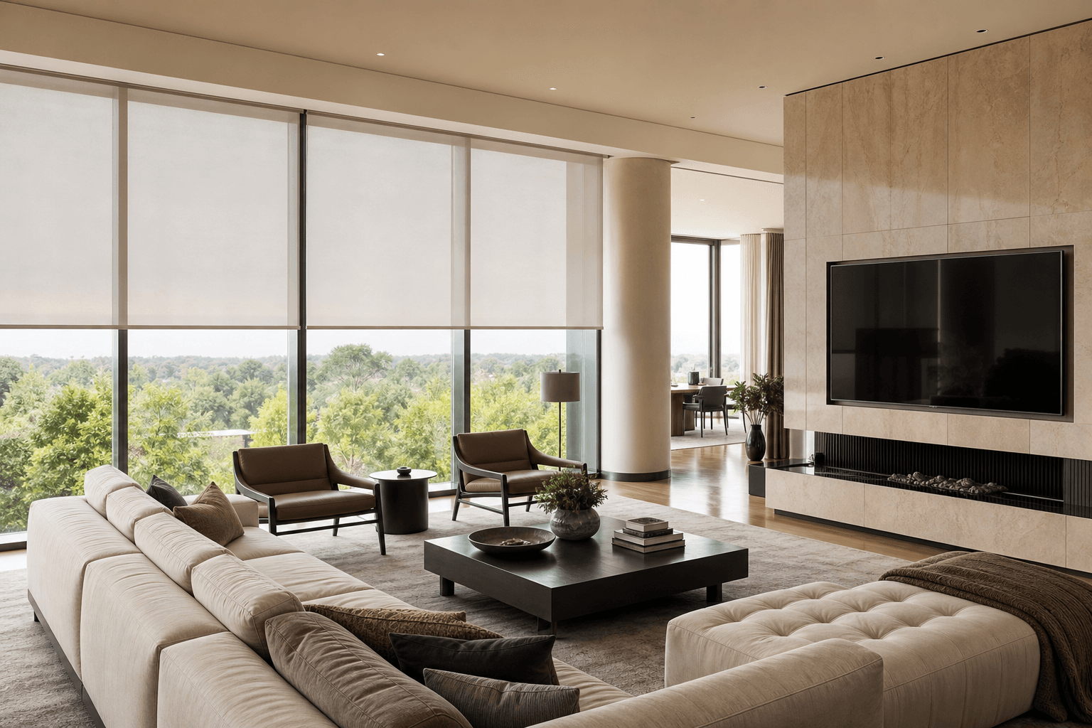 Roller blinds in a bright room