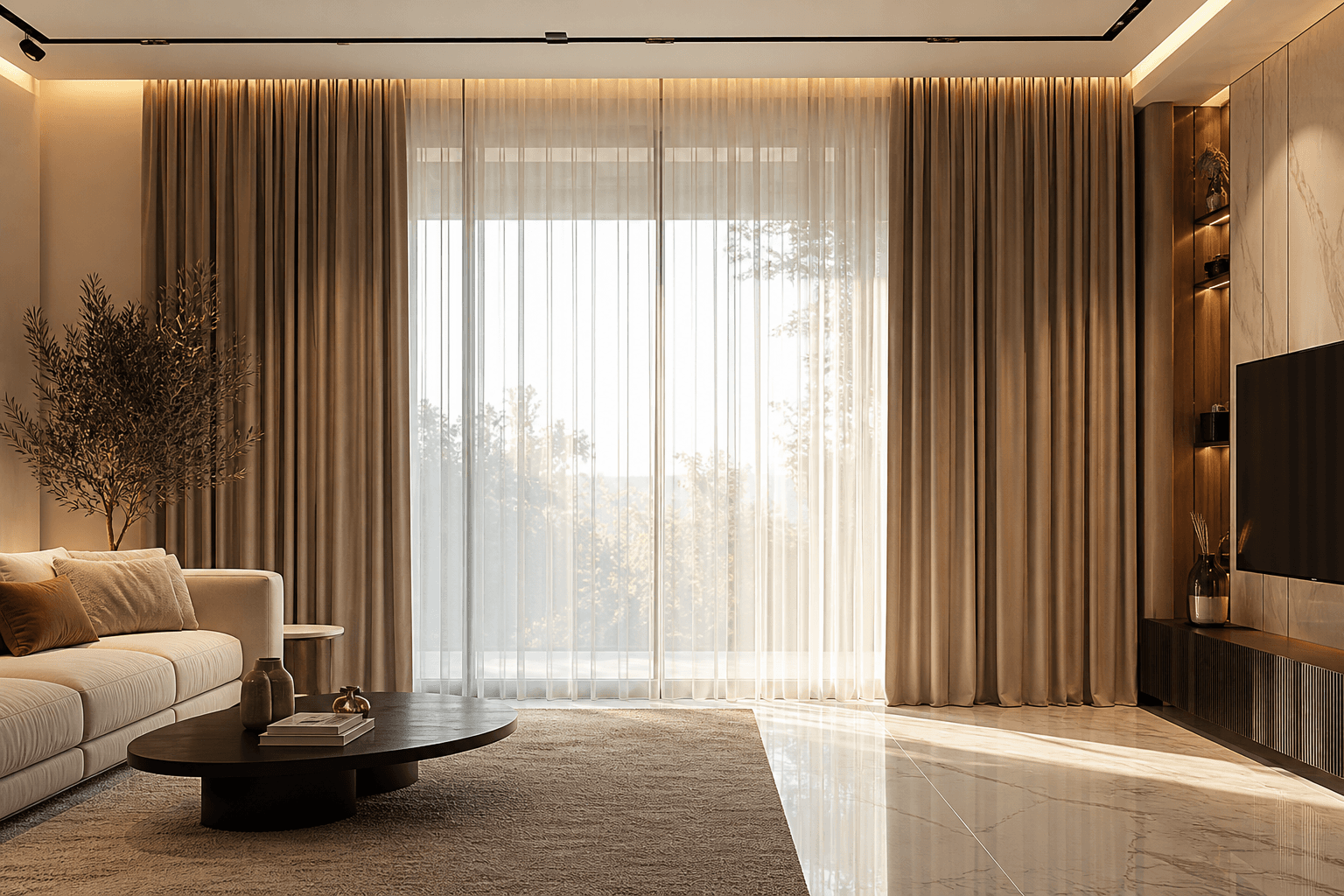 Luxurious living room with tailored curtains and blinds