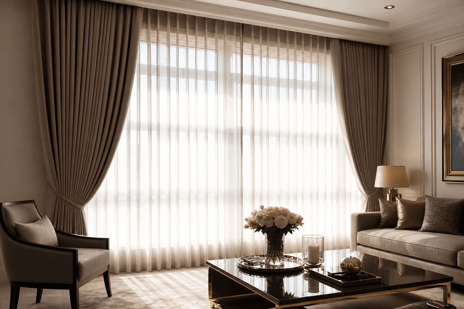 Layered sheer and dim-out curtains
