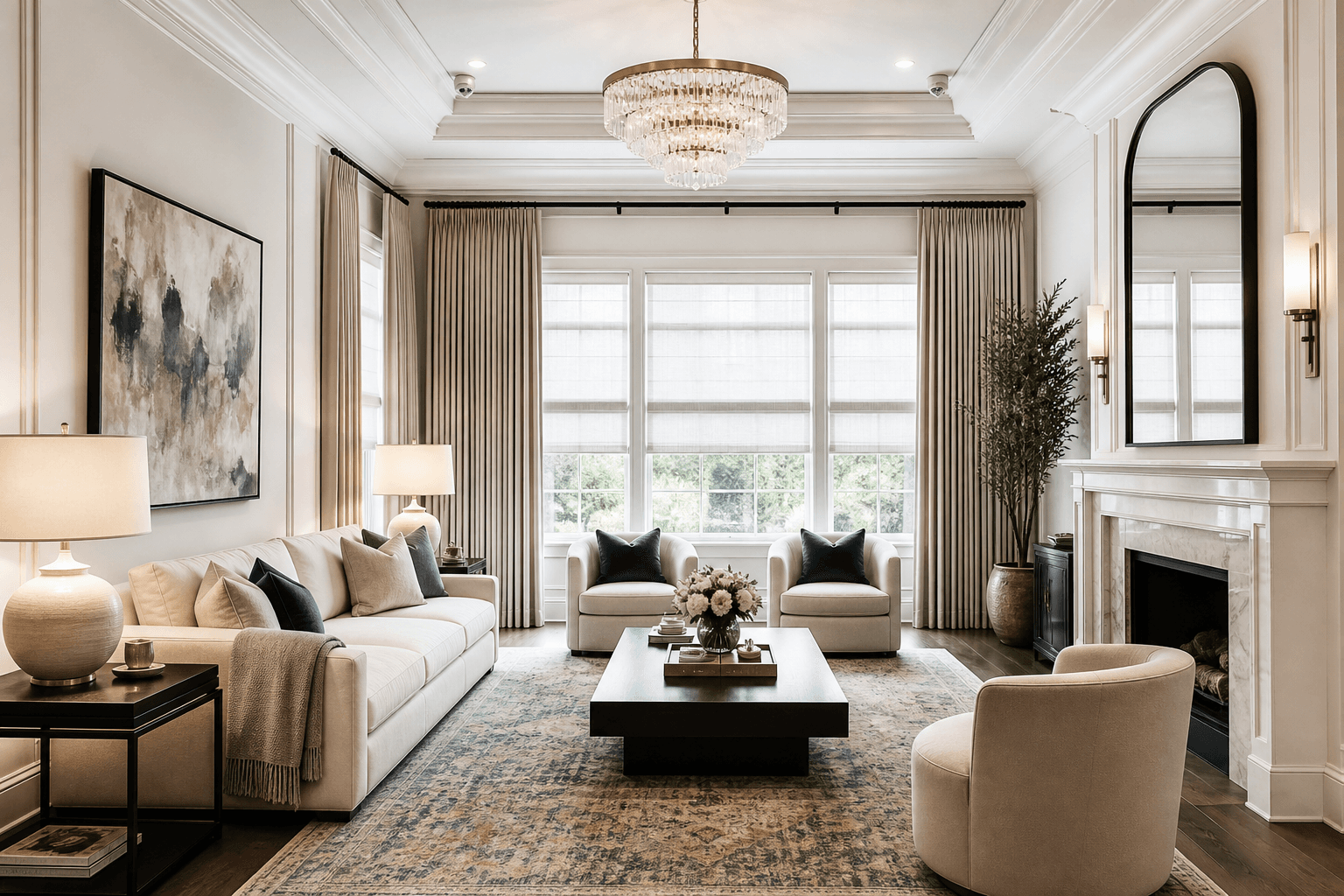 Layered window arrangements in a living room